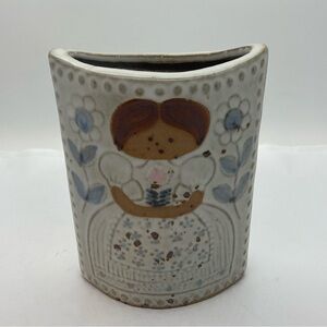 VINTAGE Grey Stoneware Art Pottery Girl Vase Hand Painted Cottage Core Boho 5” T